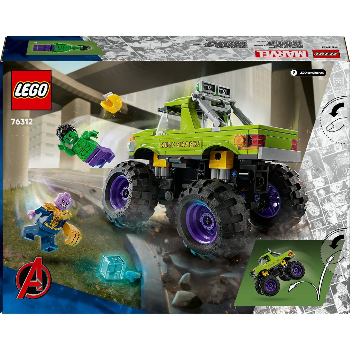 76312 Marvel Super Heroes Marvel Hulk-Truck vs. Thanos, Konstruktionsspielzeug