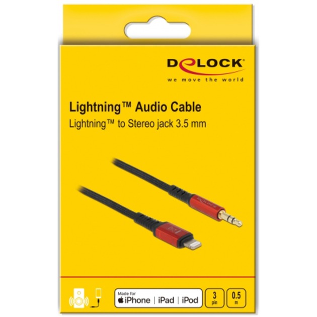DeLOCK Audiokabel 8Pin Lightning Stecker > Klinkenstecker 3,5mm 3Pin (schwarz/rot, 50cm)