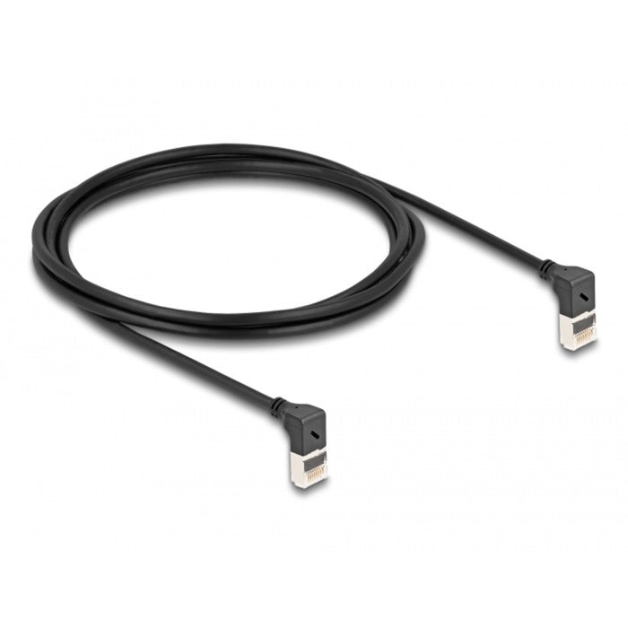 DeLOCK Patchkabel RJ-45 Cat.6a S/FTP, Slim 90° gewinkelt (schwarz, 2 Meter, nach unten abgewinkelte Stecker)