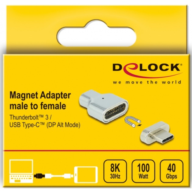 DeLOCK USB 3.2 Gen 2 Magnetischer Adapter, USB-C Stecker > USB-C Buchse (silber, 8K 30Hz, Thunderbolt 3, PD, Laden mit bis zu 100 Watt)