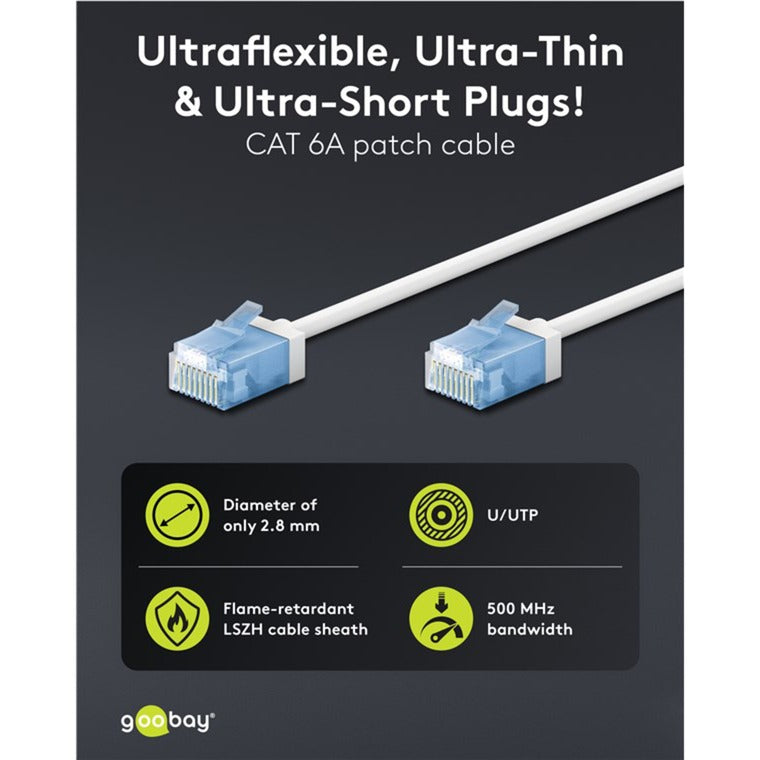 Goobay Ultraflexibles Cat.6a Patchkabel slim, U/UTP (weiss, 3 Meter, extrakurze Stecker)