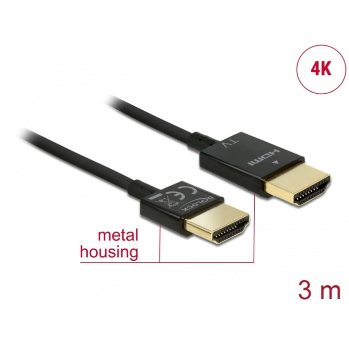 DeLOCK Kabel HMDI A Stecker > HDMI A Stecker High Speed 3D 4K Aktiv Slim (schwarz, 3 Meter)