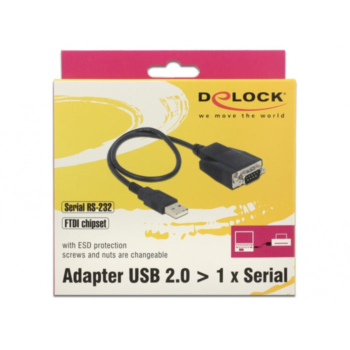 DeLOCK USB 2.0 Adapter, USB-A Stecker > Seriell RS-232 Stecker (schwarz, 35cm, ESD Überspannungsschutz)