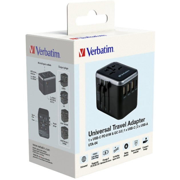 Verbatim Universal-Reiseadapter UTA-04 (schwarz/silber, 3x USB-A, 2x USB-C)