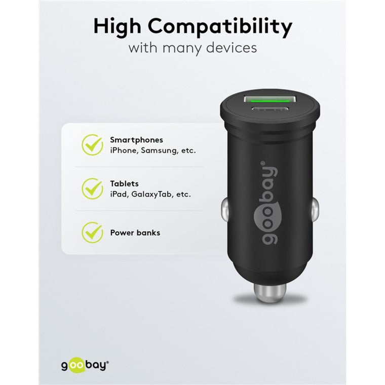 Goobay Dual-USB Auto-Schnellladegerät 45 Watt (schwarz, 1x USB-C, 1x USB-A, Power Delivery, 12 / 24 Volt)