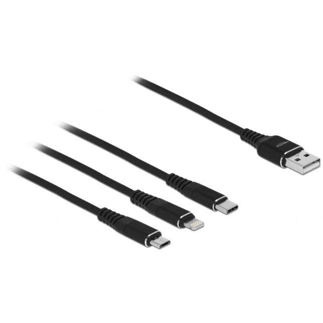 DeLOCK USB Ladekabel, USB-A Stecker > USB-C + Micro USB + Lightning Stecker (schwarz, 1 Meter, gesleevt, nur Ladefunktion)