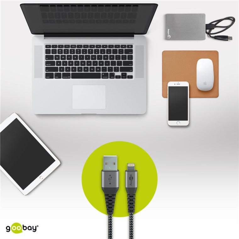 Goobay USB 2.0 Adapterkabel, USB-A Stecker > Lightning Stecker (grau/silber, 2 Meter, gesleevt, Metallstecker)
