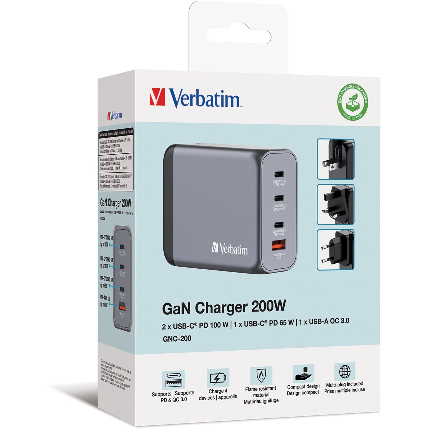 Verbatim GaN-Ladegerät 200W, 1x USB-A , 3x USB-C (grau, PD 3.0, QC 3.0)