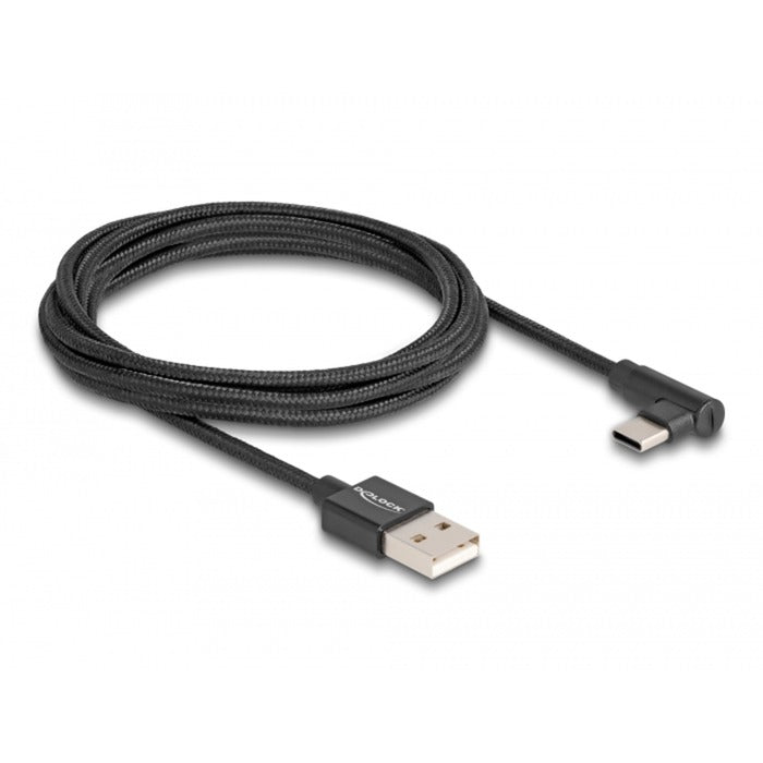 DeLOCK USB 2.0 Kabel, USB-A Stecker > USB-C Stecker (schwarz, 2 Meter, gesleevt, 90° abgewinkelt)