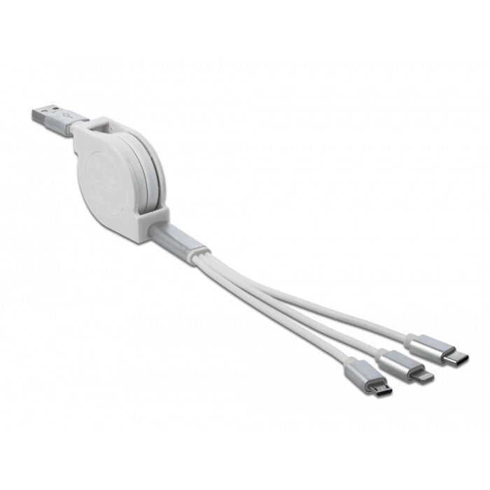 DeLOCK USB Aufrollladekabel, USB-A > Micro-USB + USB-C + Lightning (weiss/silber, ca. 1 Meter, nur Ladefunktion)