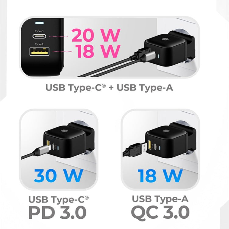 Icy Box 2-Port Steckerladegerät IB-PS106-PD, mit USB Power Delivery (schwarz, PD 30W + QC 3.0 18W)