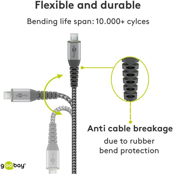 Goobay USB 2.0 Kabel, USB-A Stecker > Micro-USB Stecker (grau/silber, 1 Meter, gesleevt, Metallstecker)