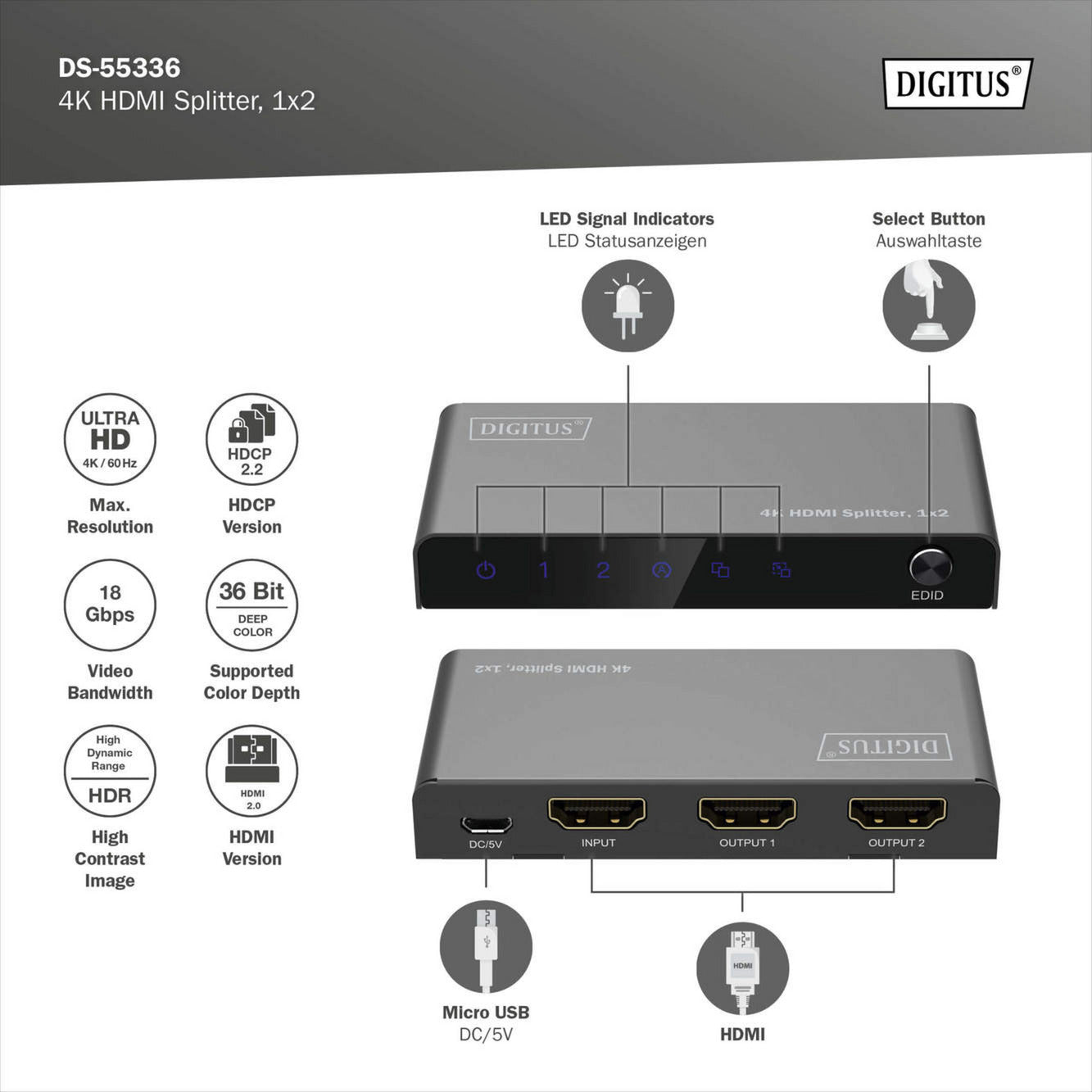 4K HDMI Splitter, 1x2