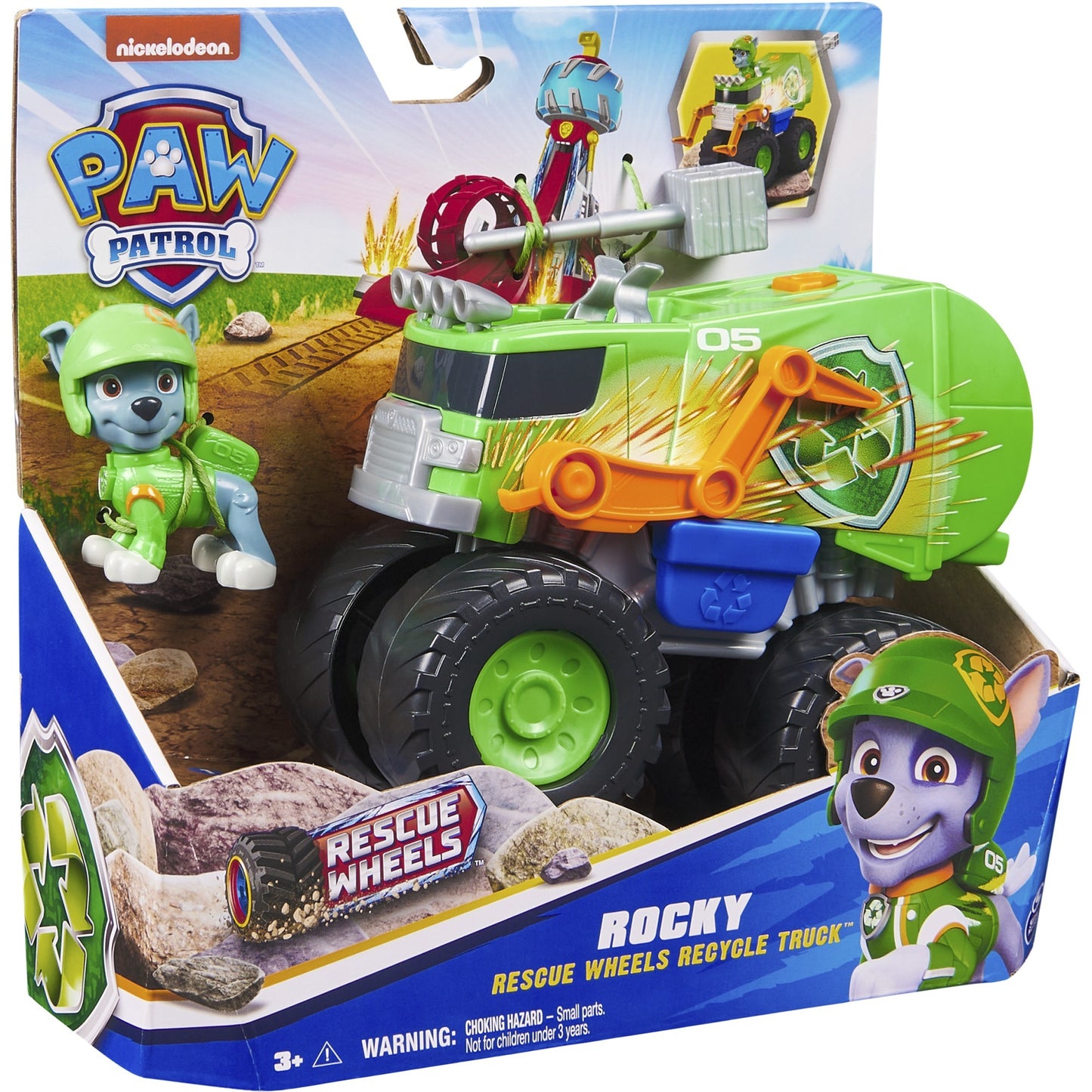 Paw Patrol Rescue Wheels - Rockys Recycling Monstertruck mit Geschoss-Abwurf und Rocky Hundefigur, Spielfahrzeug