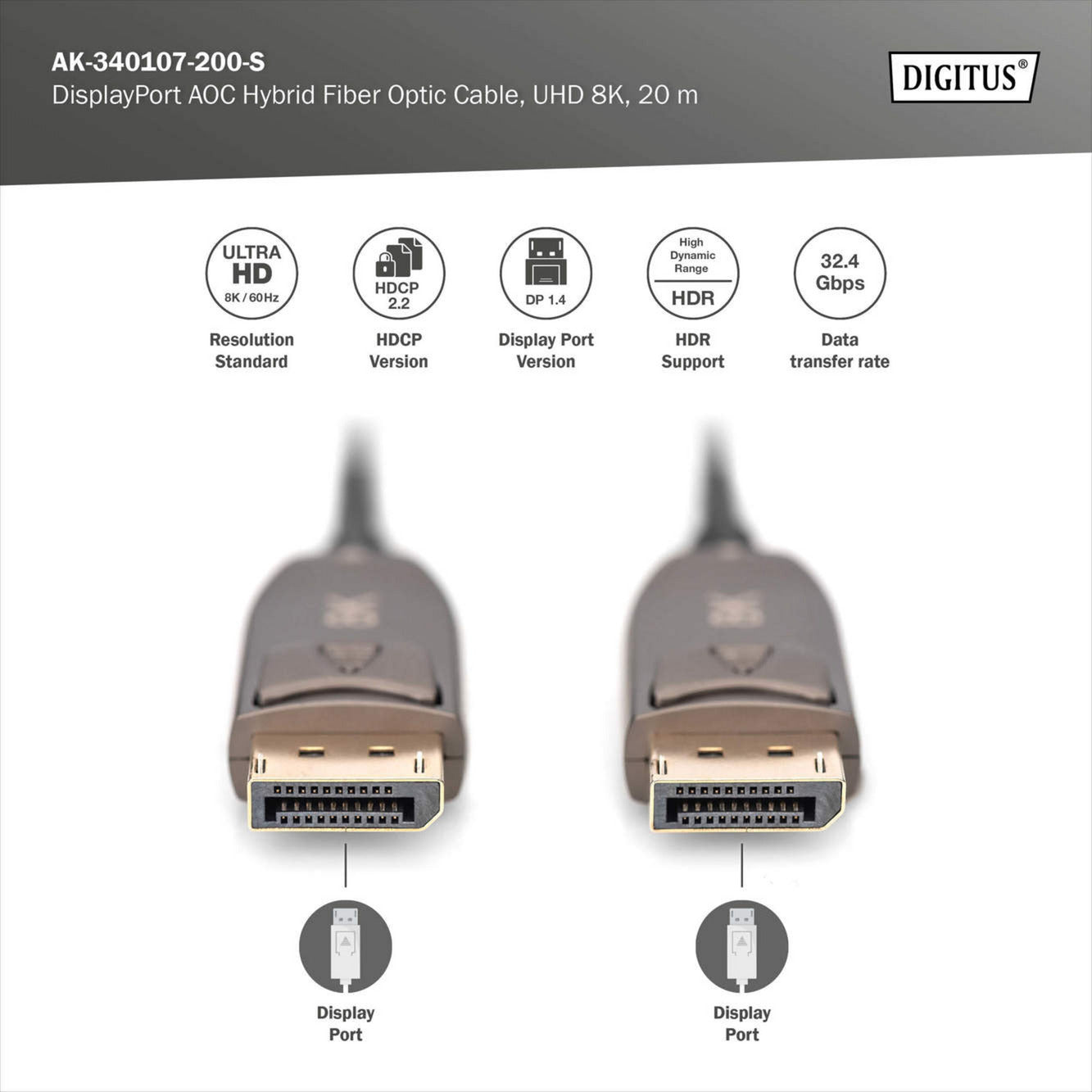 DisplayPort AOC Hybrid Glasfaserkabel, UHD 8K