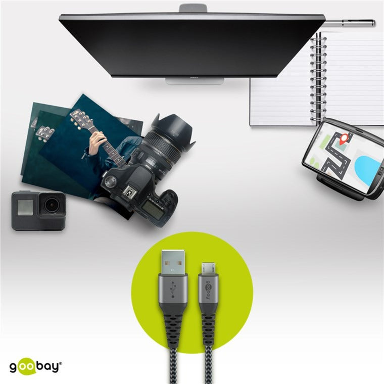 Goobay USB 2.0 Kabel, USB-A Stecker > Micro-USB Stecker (grau/silber, 1 Meter, gesleevt, Metallstecker)