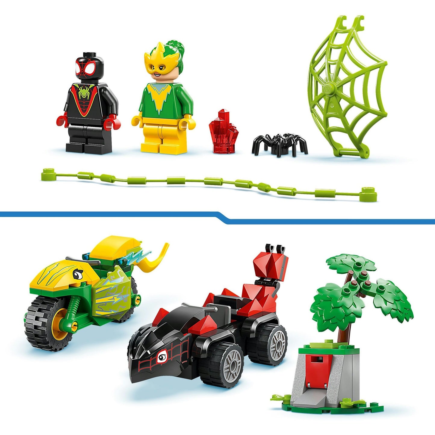 11198 Marvel Spidey und seine Super-Freunde Actionspass mit Spin und Electro in ihren Dino-Flitzern, Konstruktionsspielzeug