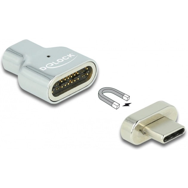 DeLOCK USB 3.2 Gen 2 Magnetischer Adapter, USB-C Stecker > USB-C Buchse (silber, 8K 30Hz, Thunderbolt 3, PD, Laden mit bis zu 100 Watt)