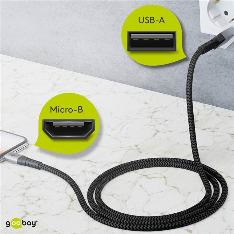 Goobay USB 2.0 Kabel, USB-A Stecker > Micro-USB Stecker (grau/silber, 1 Meter, gesleevt, Metallstecker)