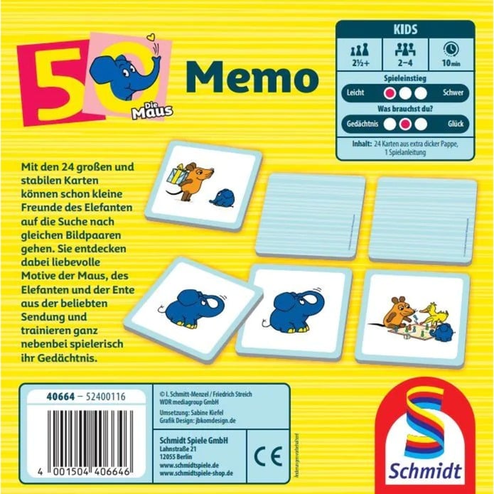 Schmidt Spiele Die Maus: Elefanten-Memo, 50. Geburtstag