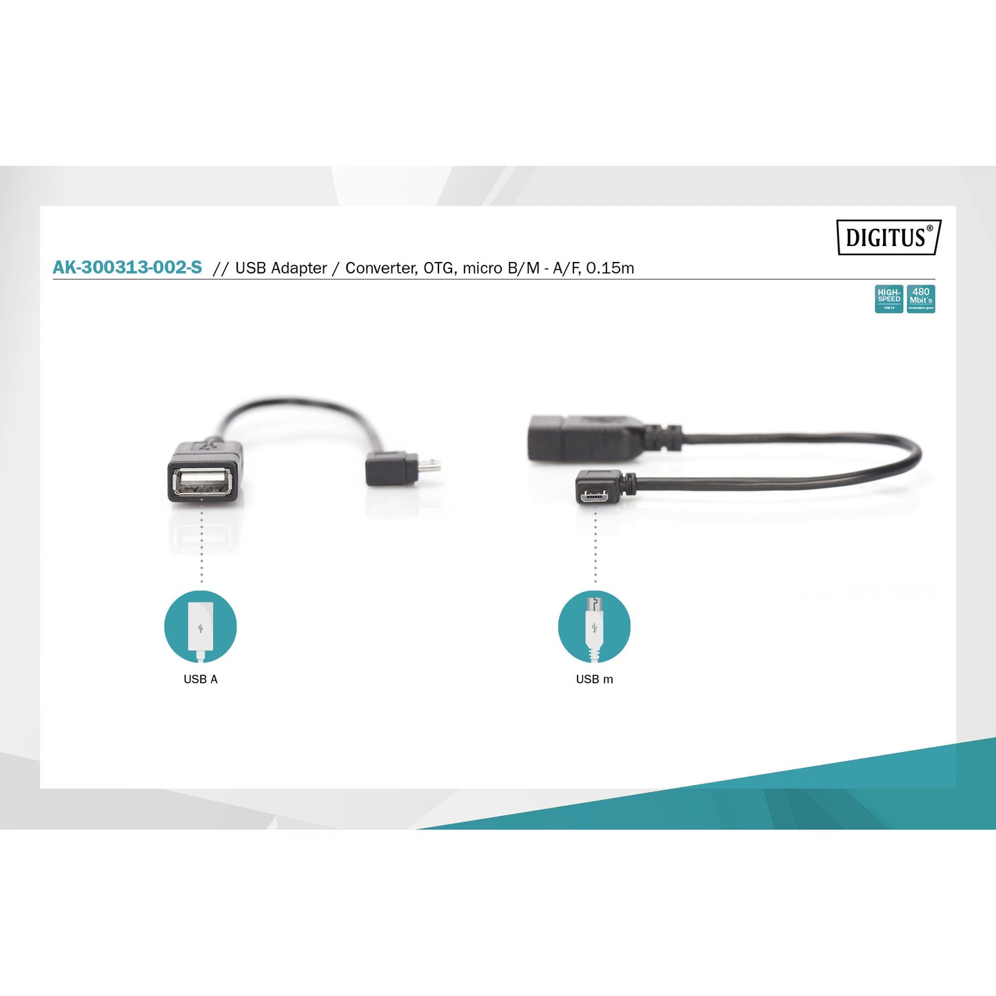 USB 2.0 Adapter, Micro USB Stecker 90° > USB-A Buchse