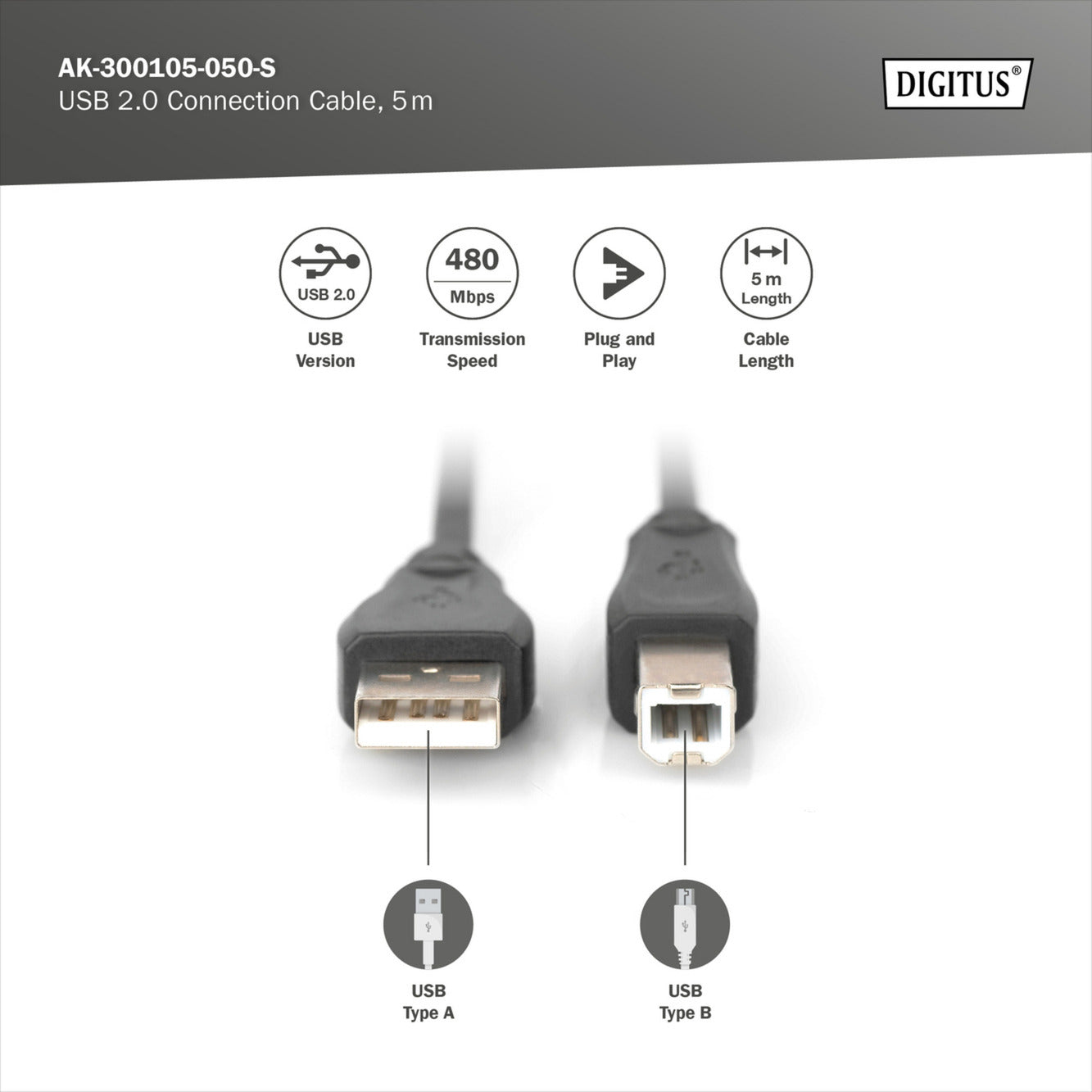 USB 2.0 Anschlusskabel USB-A (Stecker) > USB-B (Stecker)