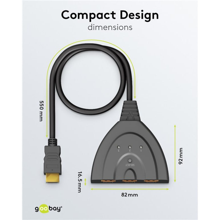Goobay HDMI-Umschaltbox 3 auf 1 (4K @ 30Hz), HDMI Switch (schwarz, 58cm Kabel)