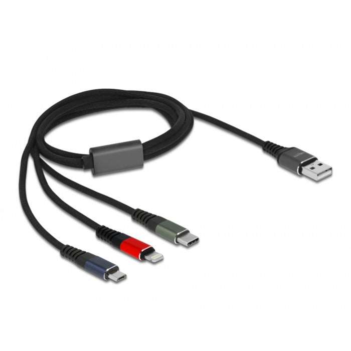 DeLOCK USB Ladekabel, USB-A Stecker > USB-C + Micro USB + Lightning Stecker (mehrfarbig, 1 Meter, gesleevt, nur Ladefunktion)