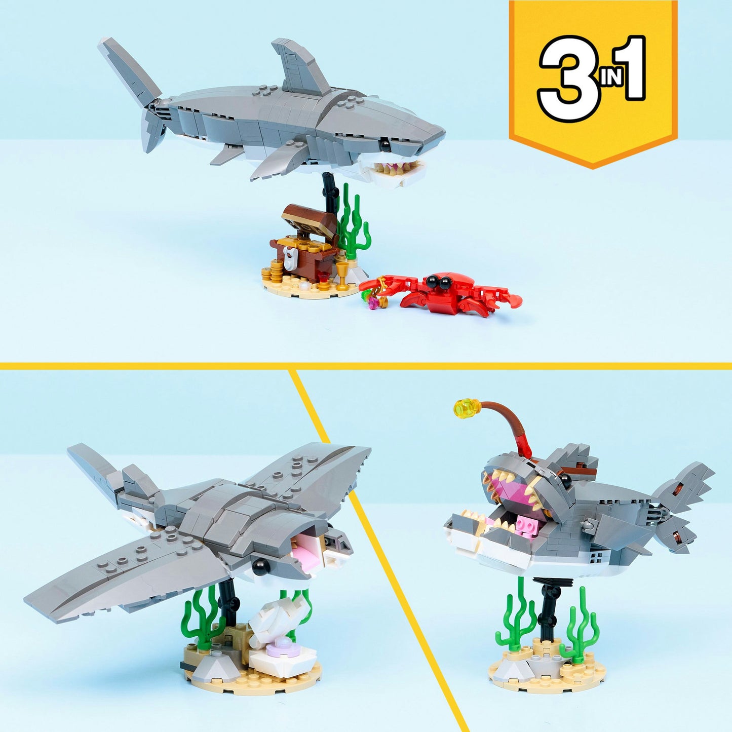 31381 Creator 3-in-1 Wilder Hai mit Schatztruhe, Konstruktionsspielzeug