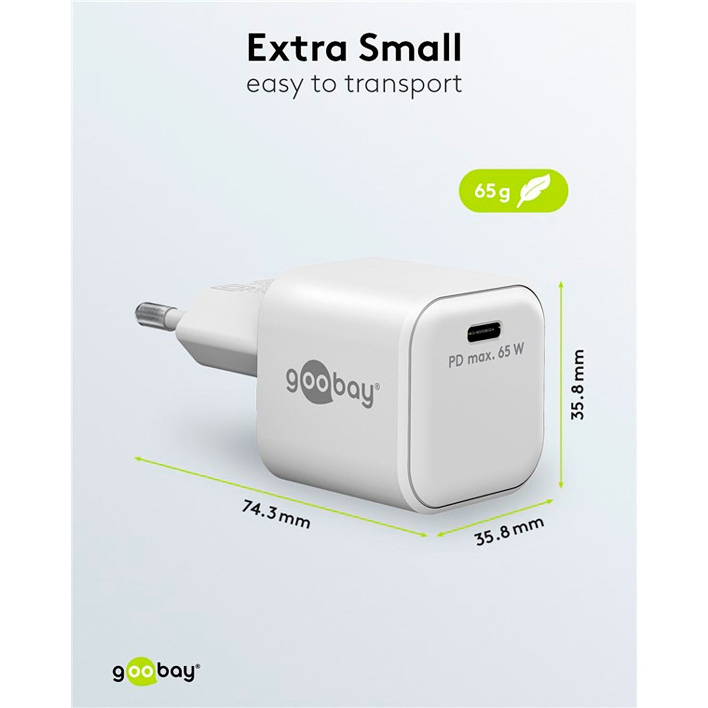 Goobay USB-C Schnellladegerät Nano, PD, GaN, 65 Watt (weiss, 1x USB-C, Power Delivery 3.0)