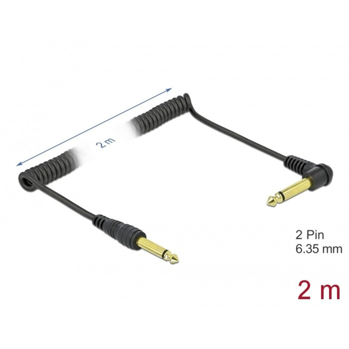 DeLOCK Spiralkabel 6,35mm Mono Klinkenstecker > Klinkenstecker gewinkelt (schwarz, 2 Meter)