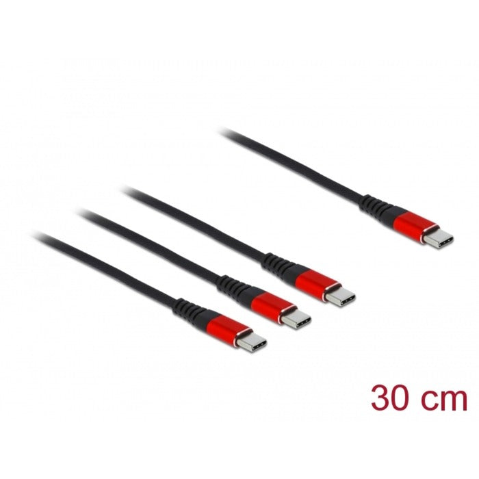 DeLOCK USB Ladekabel, USB-C Stecker > 3x USB-C Stecker (schwarz/rot, 30cm, gesleevt, nur Ladefunktion)