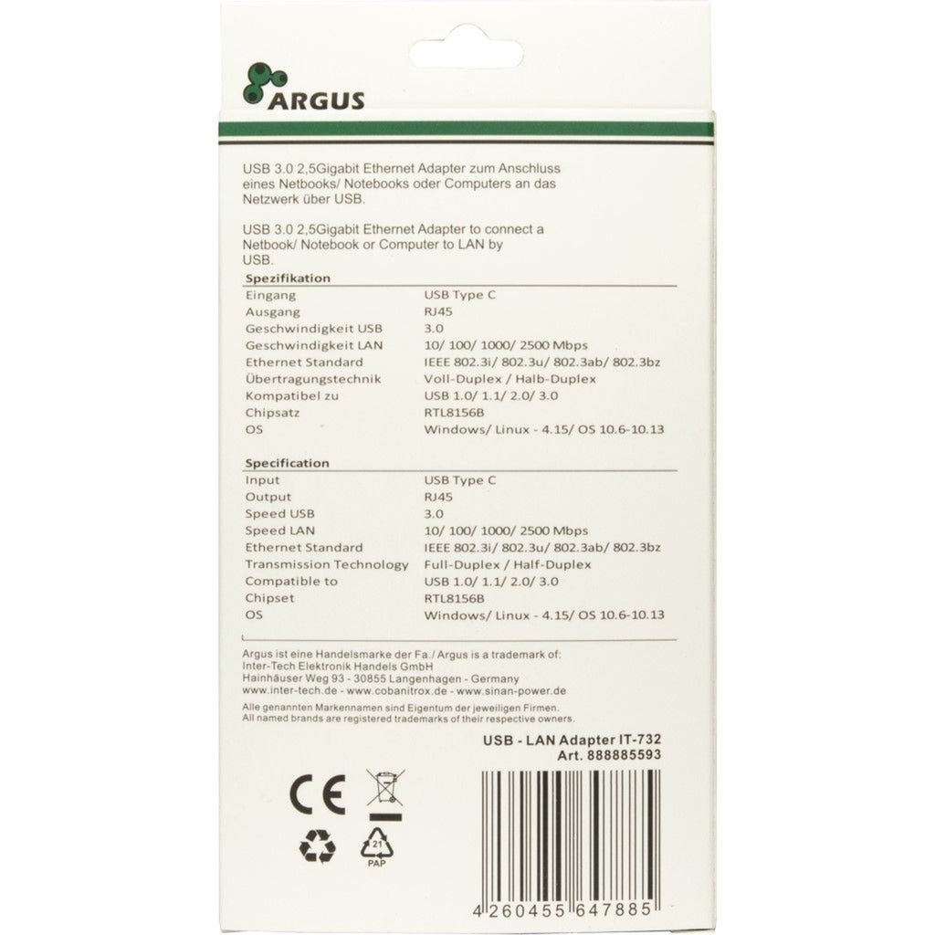 Inter-Tech USB Adapter Argus IT-732, USB-C Stecker > RJ-45 Buchse (schwarz, 10/100/1.000/2.500 Mbit/s)