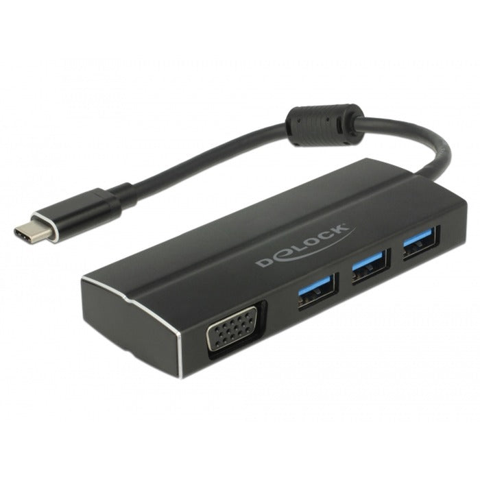 DeLOCK USB 3.2 Gen 1 Multiport-Hub, USB-C Stecker > 3x USB-A + VGA Buchse (schwarz, 15cm)