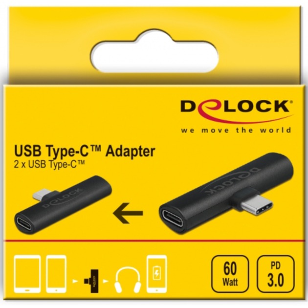 DeLOCK USB 2.0 Adapter, USB-C Stecker 90° > 2x USB-C Buchse (schwarz, PD, Laden mit bis zu 60 Watt)