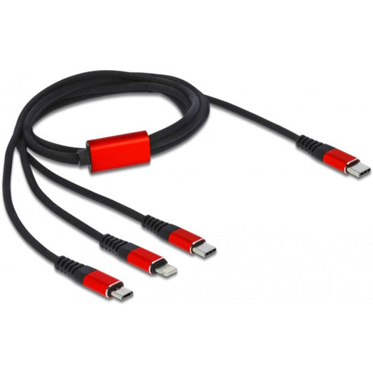 DeLOCK USB Ladekabel, USB-C Stecker > Micro-USB + USB-C + Lightning Stecker (schwarz/rot, 1 Meter, gesleevt, nur Ladefunktion)