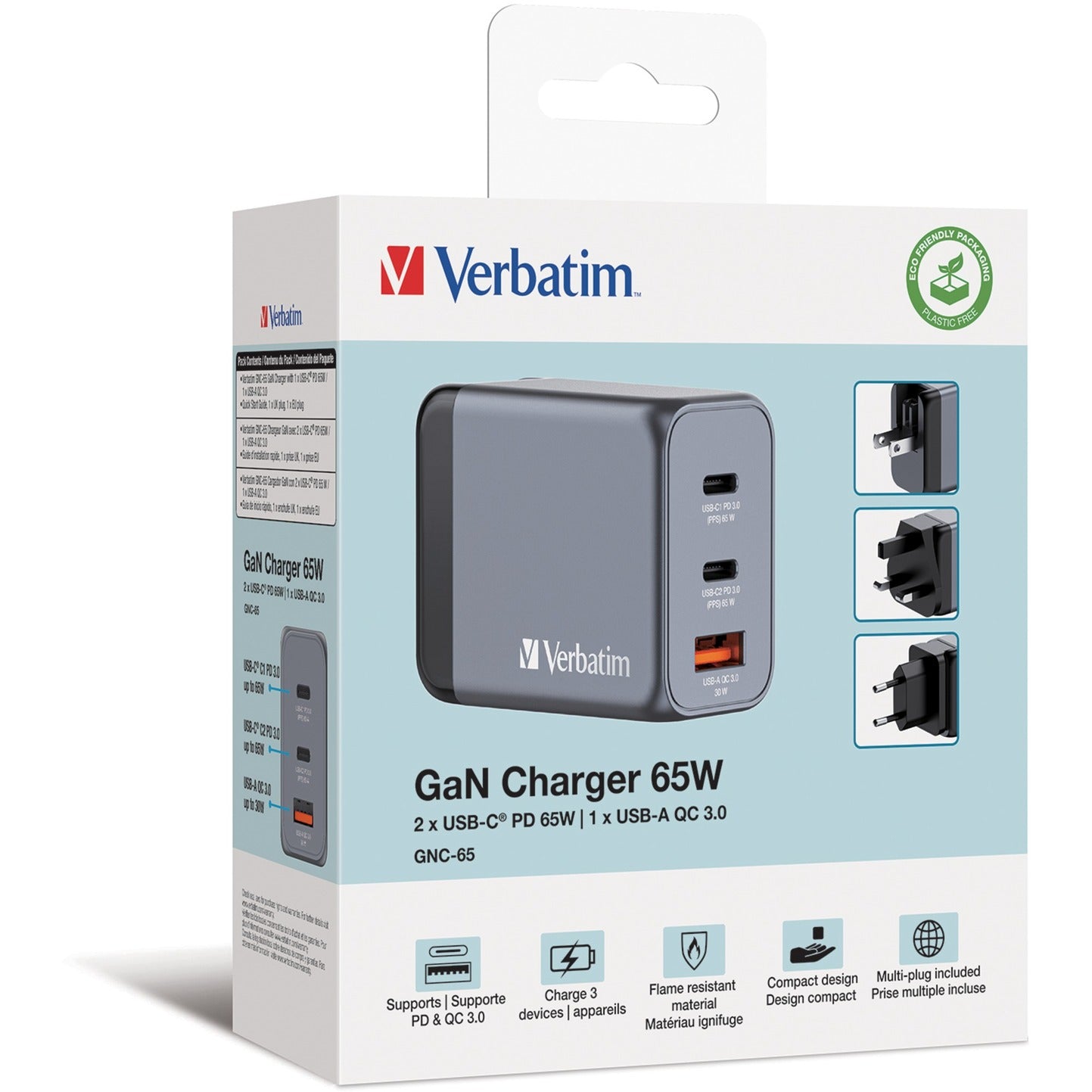 Verbatim GaN-Ladegerät 65W, 1x USB-A , 2x USB-C (grau, PD 3.0, QC 3.0)