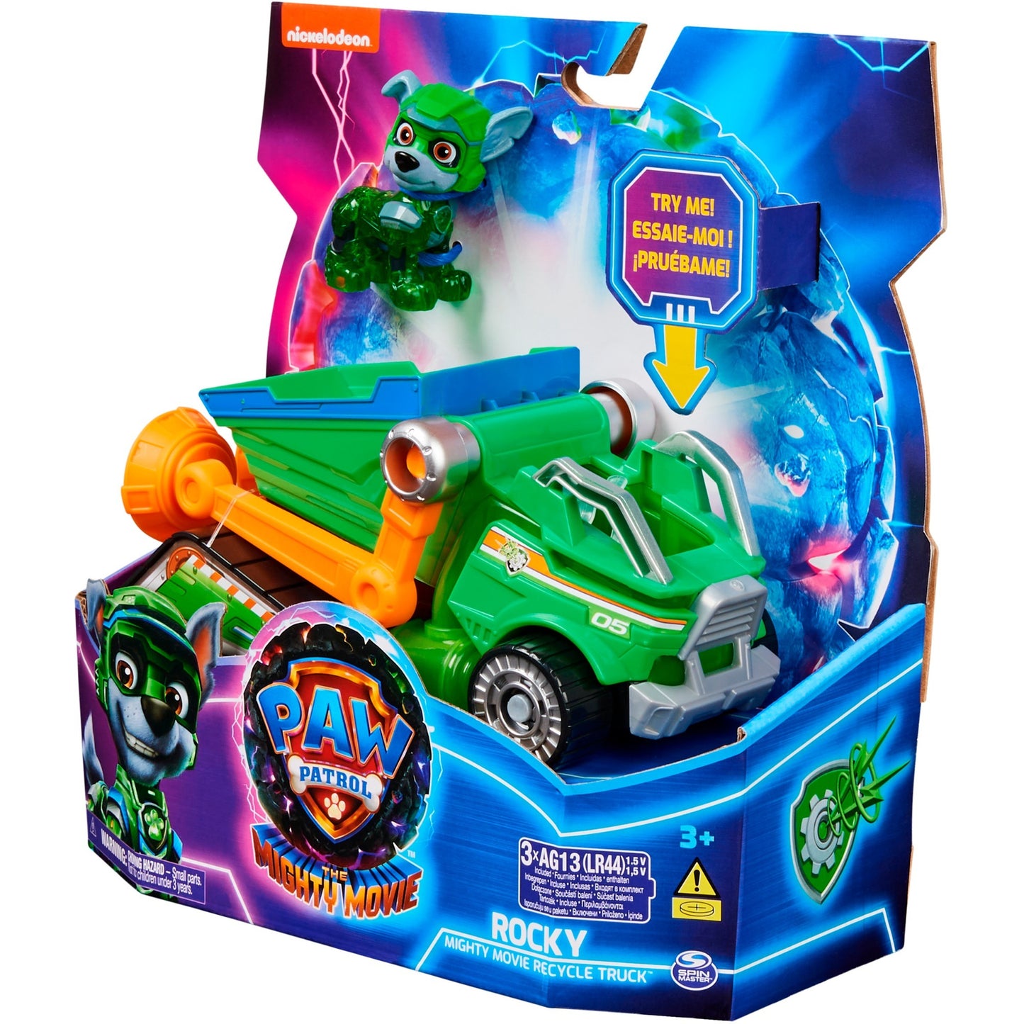 Spin Master Paw Patrol Mighty Kinofilm - Basis Fahrzeug von Rocky mit Welpenfigur, Spielfahrzeug