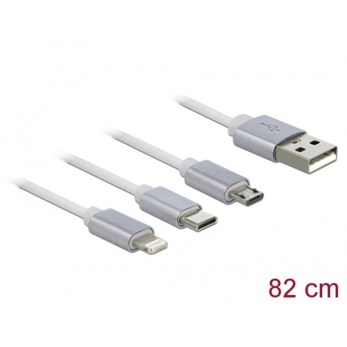 DeLOCK USB Aufrollladekabel, USB-A > Micro-USB + USB-C + Lightning (weiss/silber, ca. 1 Meter, nur Ladefunktion)