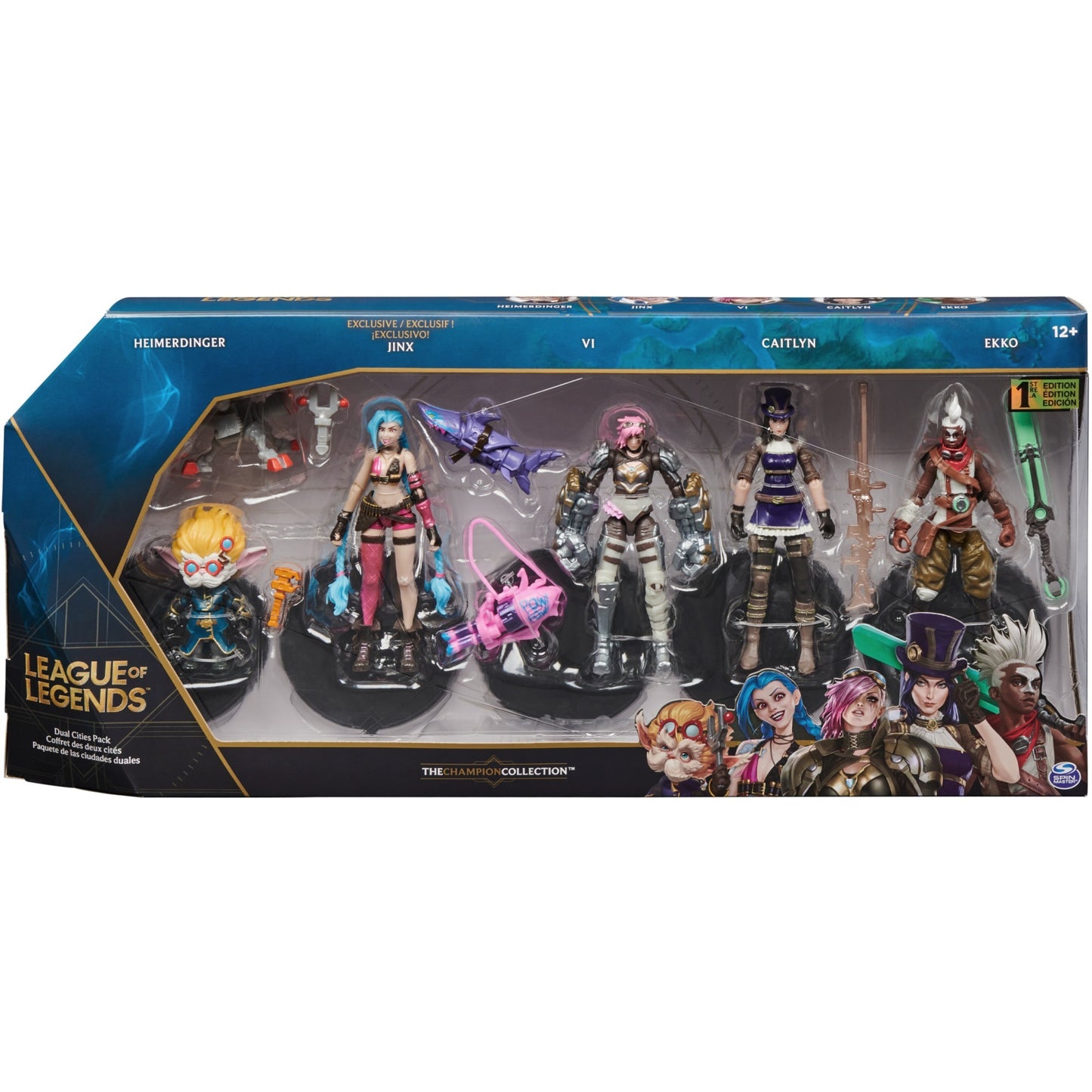 Spinmaster League of Legends - 10cm Actionfiguren 5er Pack (Vi, Caitlyn, Ekko, Heimerdinger und exklusiver Jinx, jeweils mit Accessoires, Ausstellungssockel)