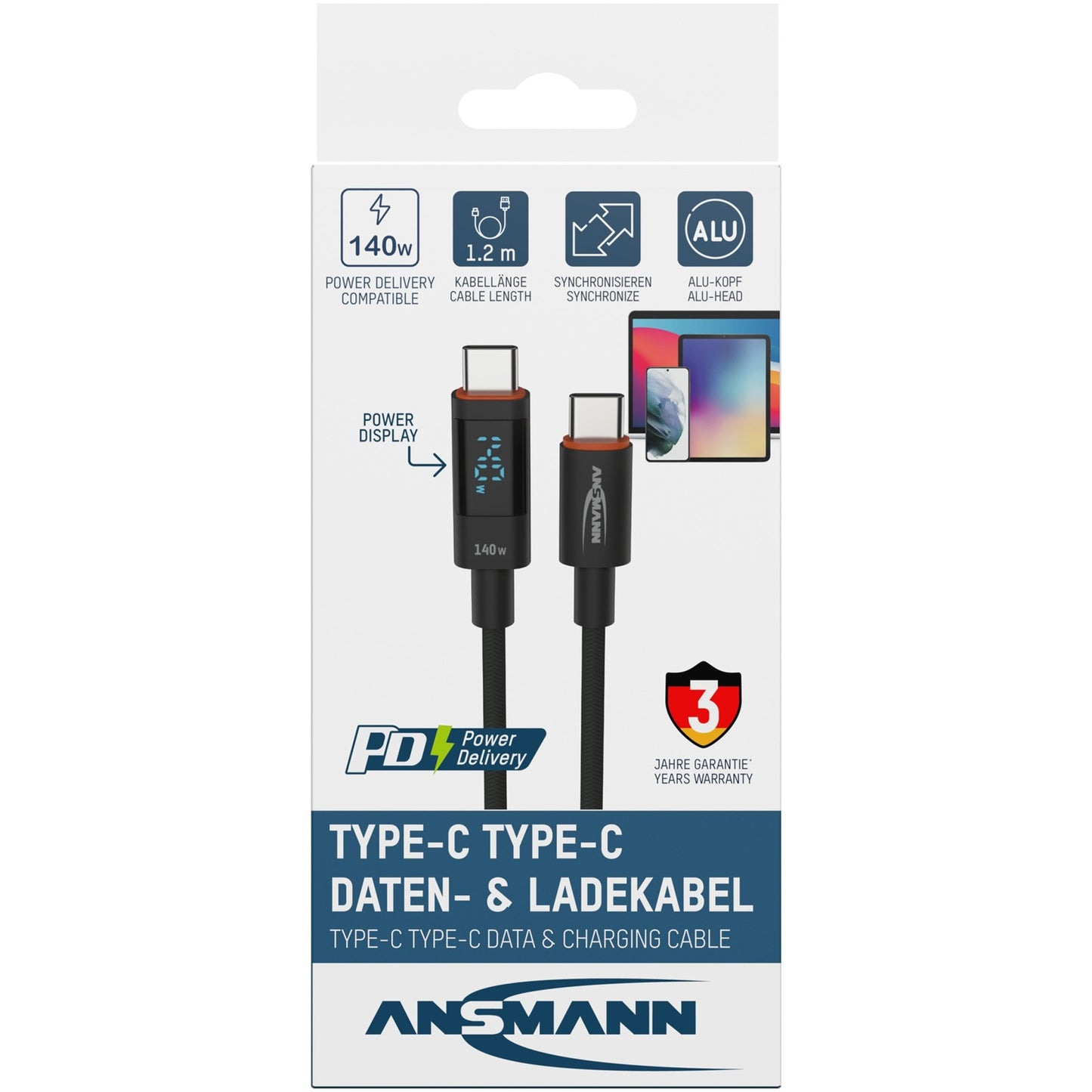 Ansmann USB 2.0 Kabel, USB-C Stecker > USB-C Stecker (anthrazit, 1,2 Meter, PD 3.1, Laden mit bis zu 140 Watt, gesleevt, integriertes LED Display)