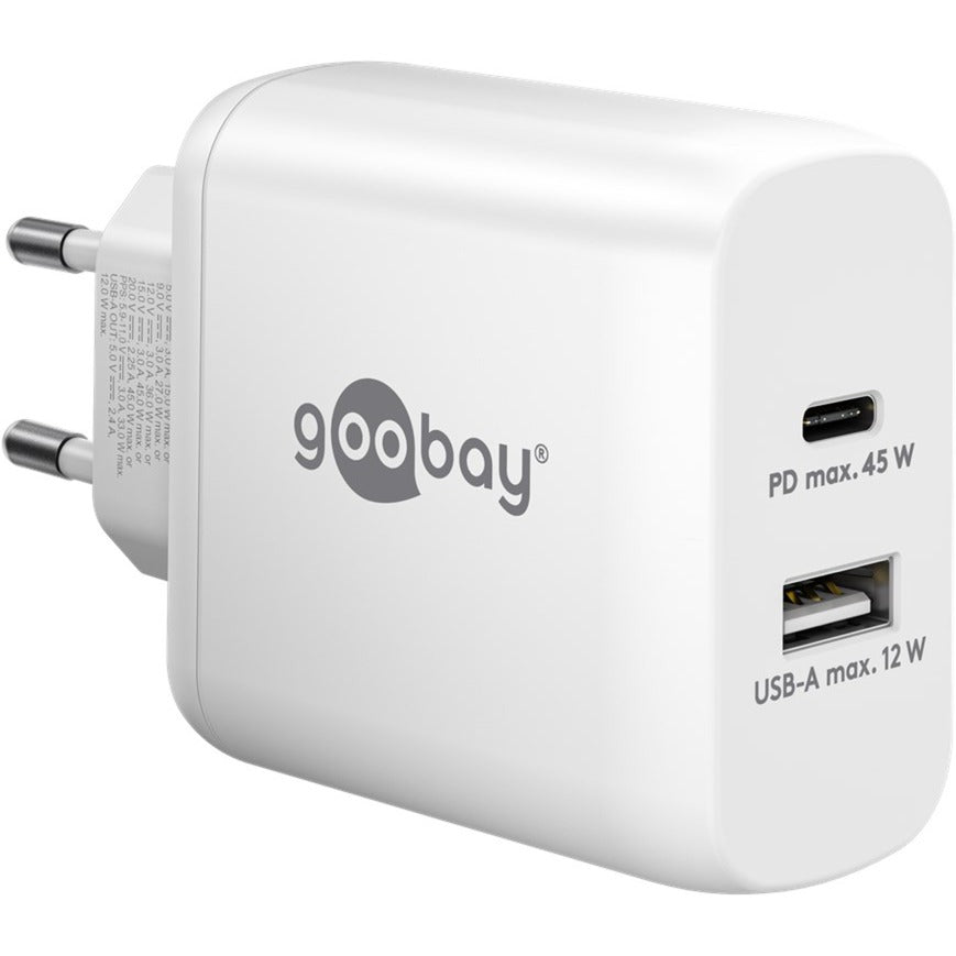 Goobay USB-C PD Dual-Schnellladegerät 45 Watt (weiss, 1x USB-A, 1x USB-C PD, GaN-Technologie)