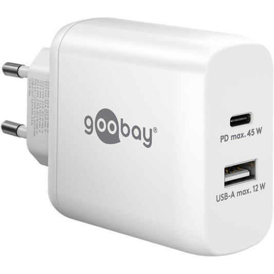 Goobay USB-C PD Dual-Schnellladegerät 45 Watt (weiss, 1x USB-A, 1x USB-C PD, GaN-Technologie)