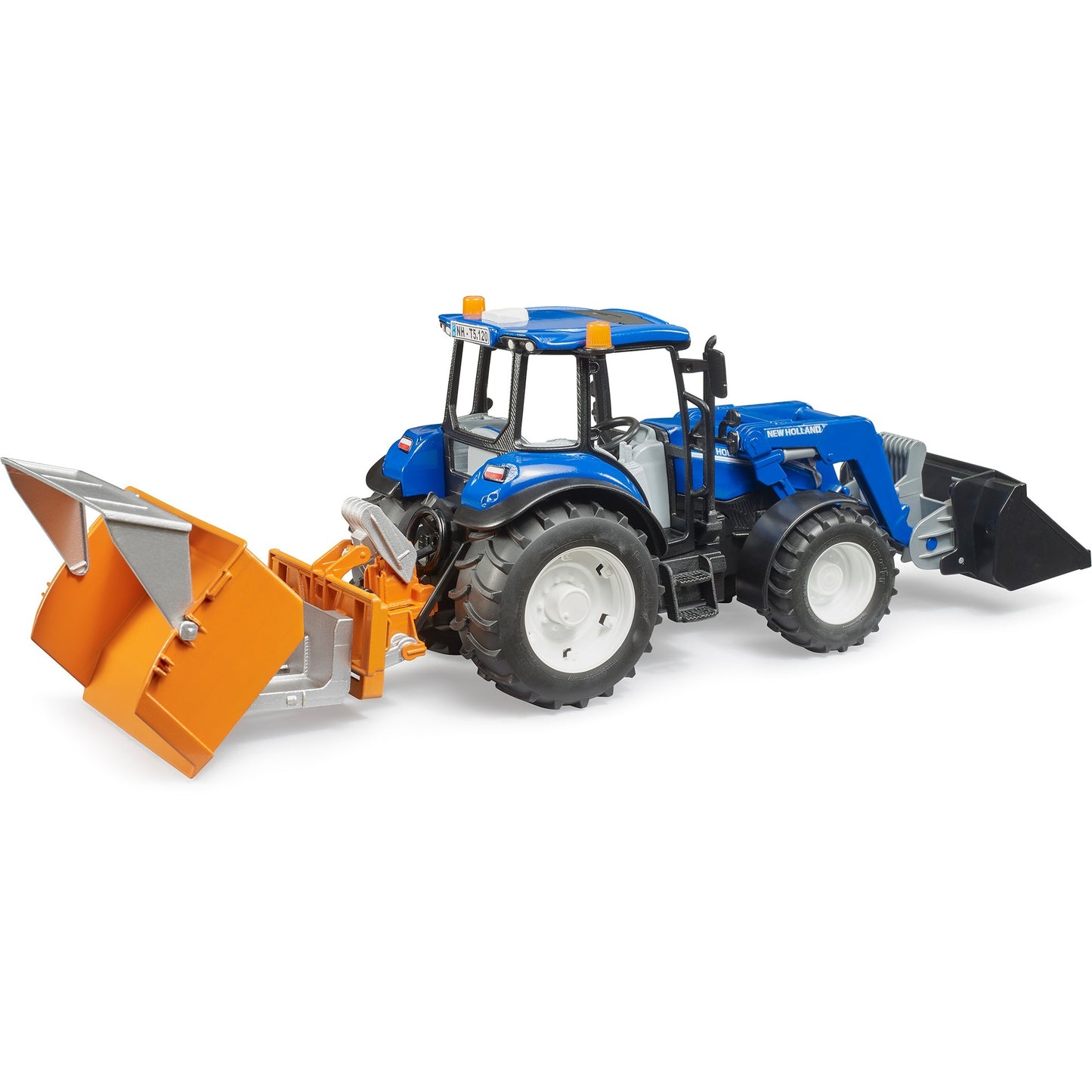 BRUDER New Holland T5.120 mit Frontlader, Ladekasten, Gabeln und Rundballen, Modellfahrzeug