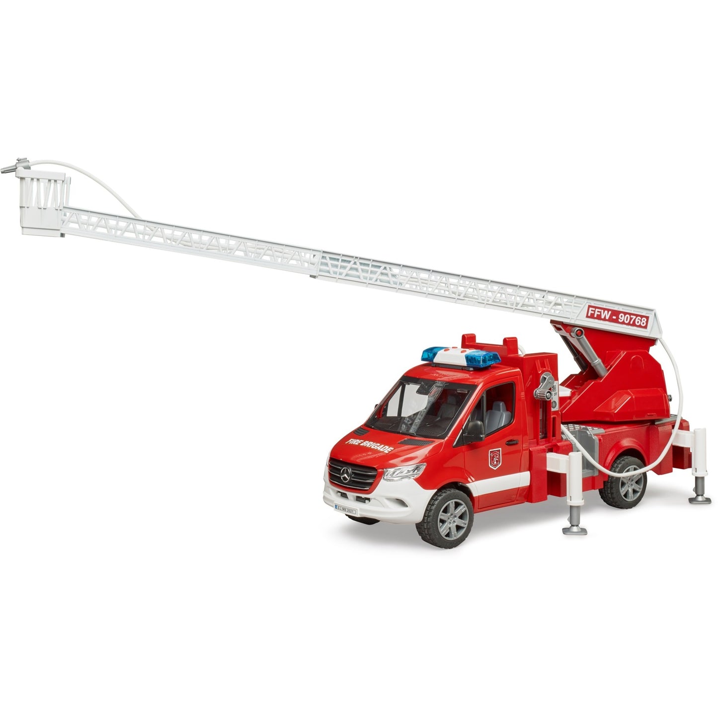 BRUDER MB Sprinter Feuerwehr mit Light & Sound Modul (rot/weiss, Drehleiter, Pumpe)