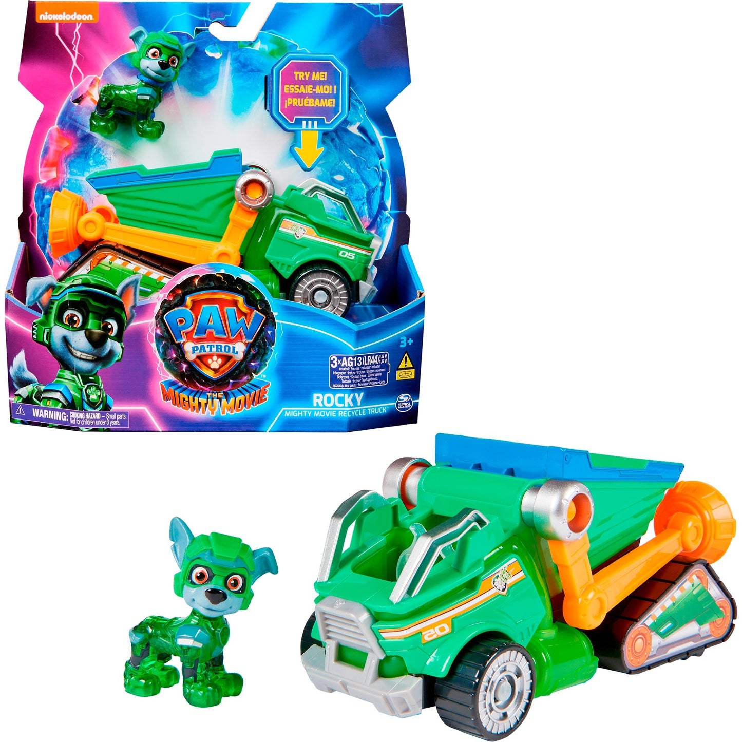 Spin Master Paw Patrol Mighty Kinofilm - Basis Fahrzeug von Rocky mit Welpenfigur, Spielfahrzeug