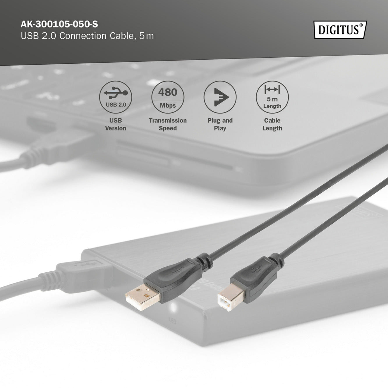 USB 2.0 Anschlusskabel USB-A (Stecker) > USB-B (Stecker)
