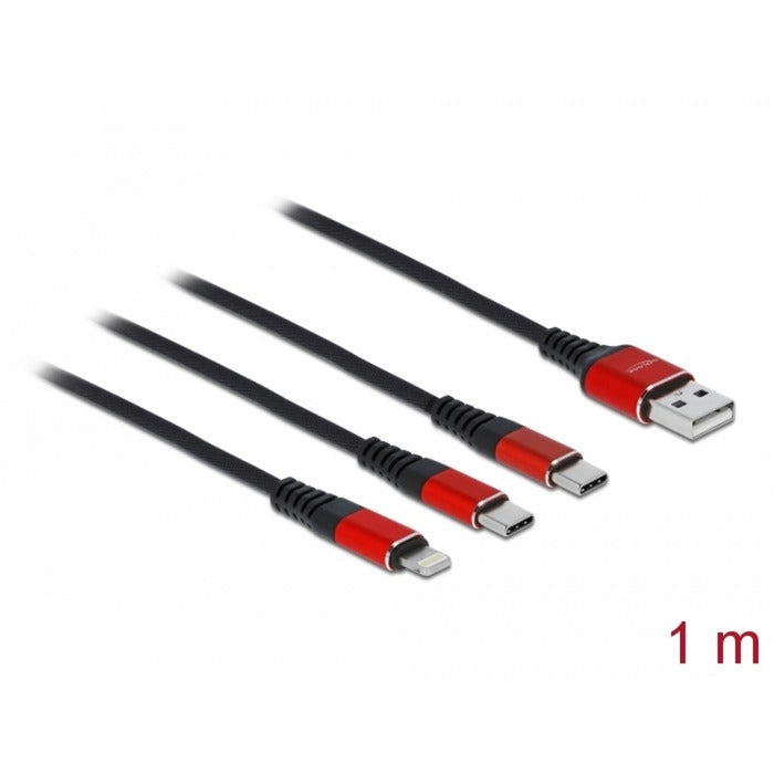 DeLOCK USB Ladekabel, USB-A Stecker > 2x USB-C + Lightning Stecker (schwarz/rot, 1 Meter, gesleevt, nur Ladefunktion)