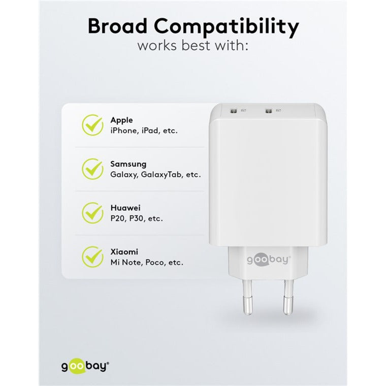 Goobay USB-C Dual-Schnellladegerät 36 Watt (weiss, 2x USB-C, Power Delivery)