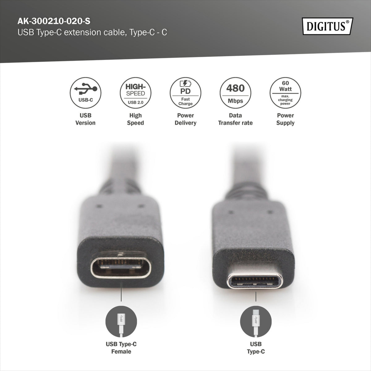 USB 2.0 Verlängerungskabel, USB-C Stecker > USB-C Buchse